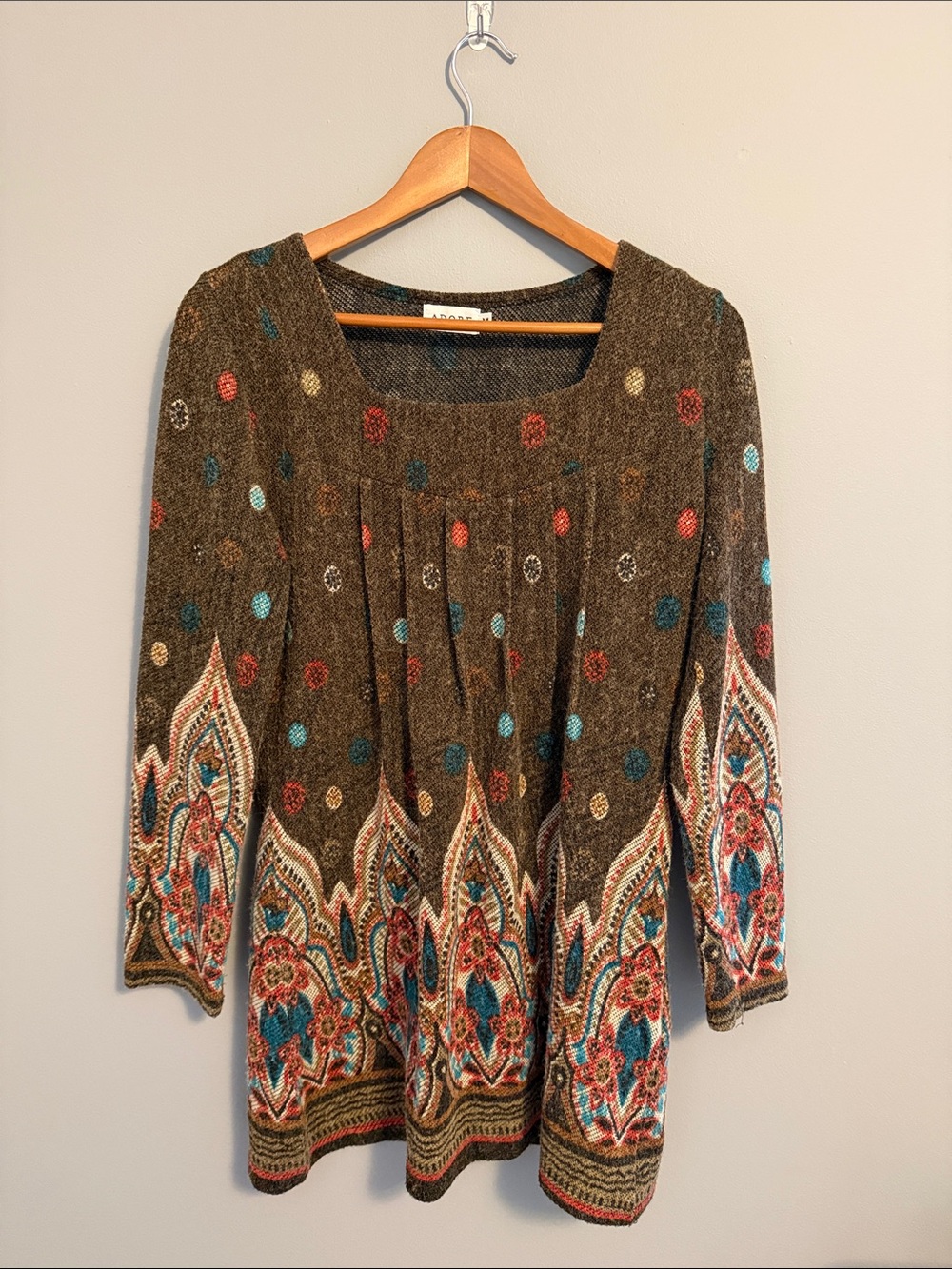 Adore Brown Knit Scoop-Neck Tunic with Multicolor Paisley Motif